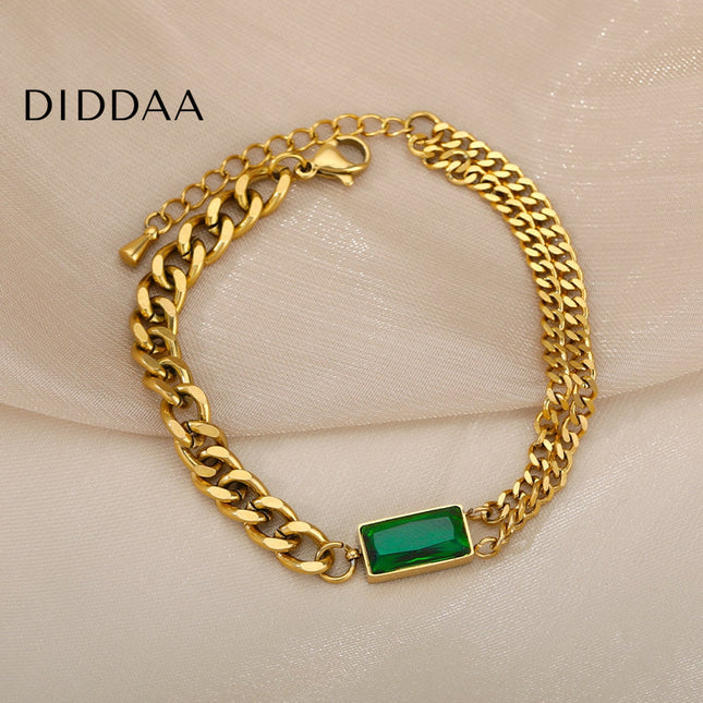 Seconde Bracelet | Gold Zirconia Green Stone Chain Link Bracelet - Gold - Bracelets