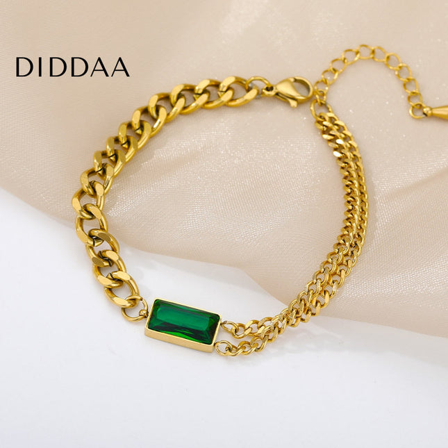 Seconde Bracelet | Gold Zirconia Green Stone Chain Link Bracelet - Gold - Bracelets