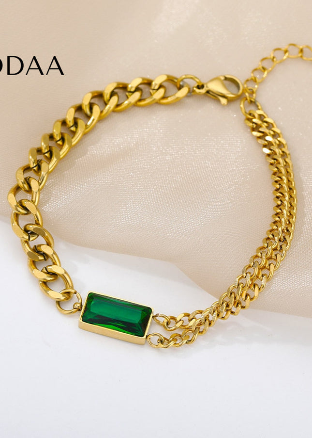 Seconde Bracelet | Gold Zirconia Green Stone Chain Link Bracelet - Gold - Bracelets