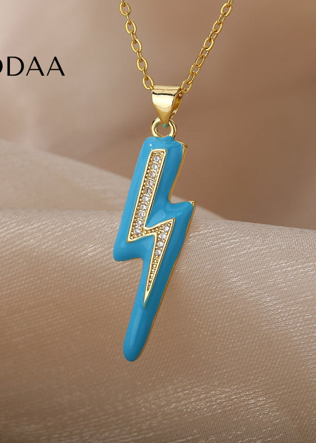 Shimmer Pendant Necklace | Gold Black Lightning Bolt Chain - Blue - Necklaces