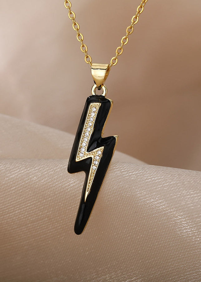 Shimmer Pendant Necklace | Gold Black Lightning Bolt Chain - Black - Necklaces