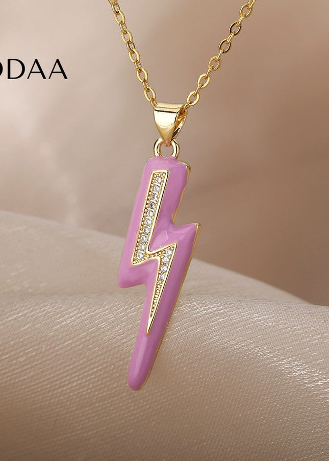 Shimmer Pendant Necklace | Gold Black Lightning Bolt Chain - Purple - Necklaces