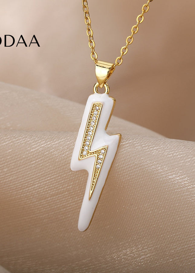 Shimmer Pendant Necklace | Gold Black Lightning Bolt Chain - White - Necklaces