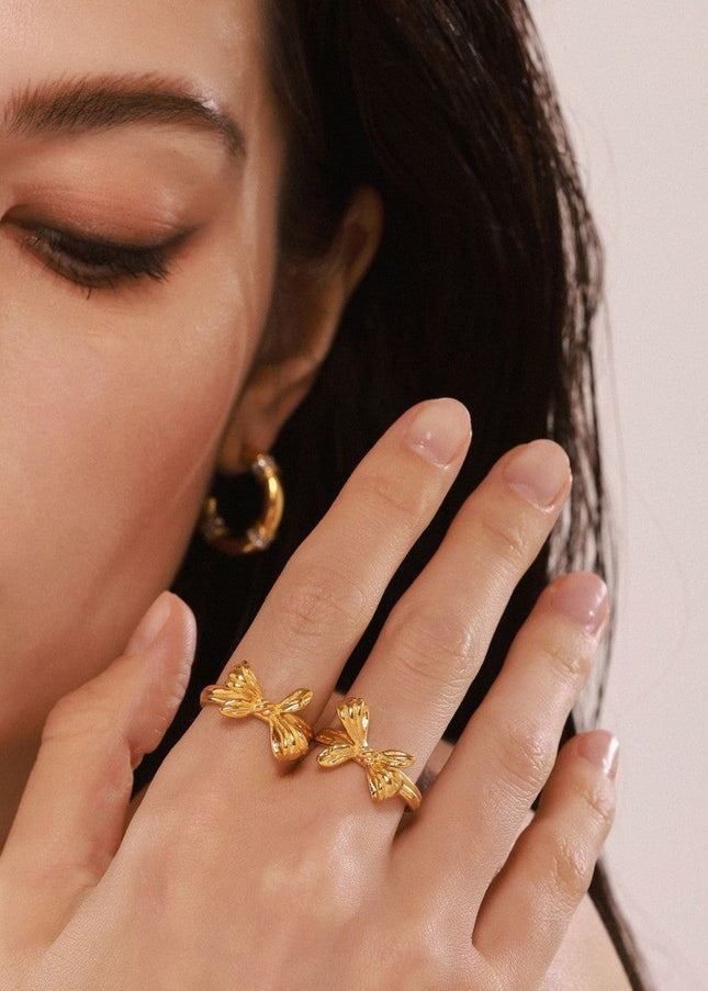 Mystery Li, European and American ins style niche bow open ring, stainless steel, vacuum plating, beautiful girl's index finger ring