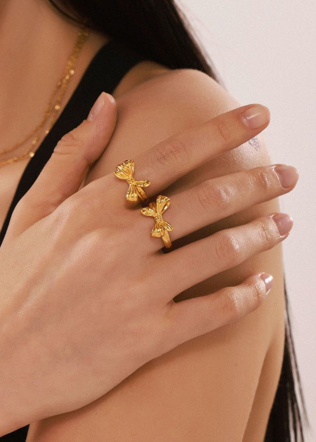 Mystery Li, European and American ins style niche bow open ring, stainless steel, vacuum plating, beautiful girl's index finger ring