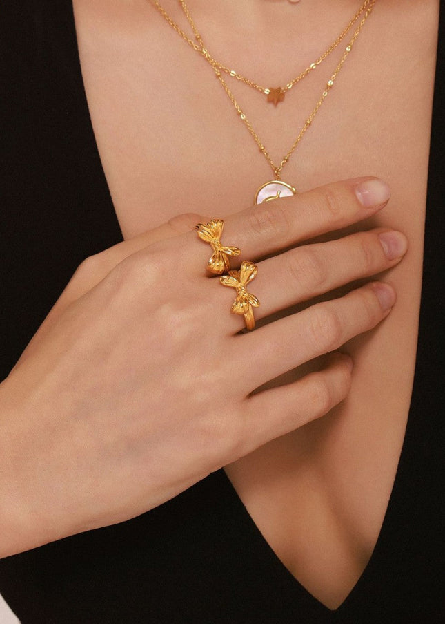 Mystery Li, European and American ins style niche bow open ring, stainless steel, vacuum plating, beautiful girl's index finger ring