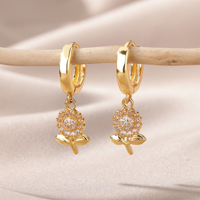 SOUVOIR Gold 14K Gold Plated, Zirconia Earrings Sierra Earrings | Gold Zirconia Sunflower Hoop Earrings