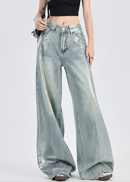 Silver Distressed Wide-Leg Jeans Women’s High-Waisted Pants - Women’s Jeans
