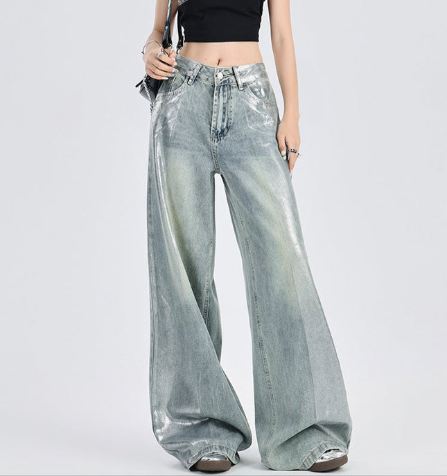 Silver Distressed Wide-Leg Jeans Women’s High-Waisted Pants - Women’s Jeans