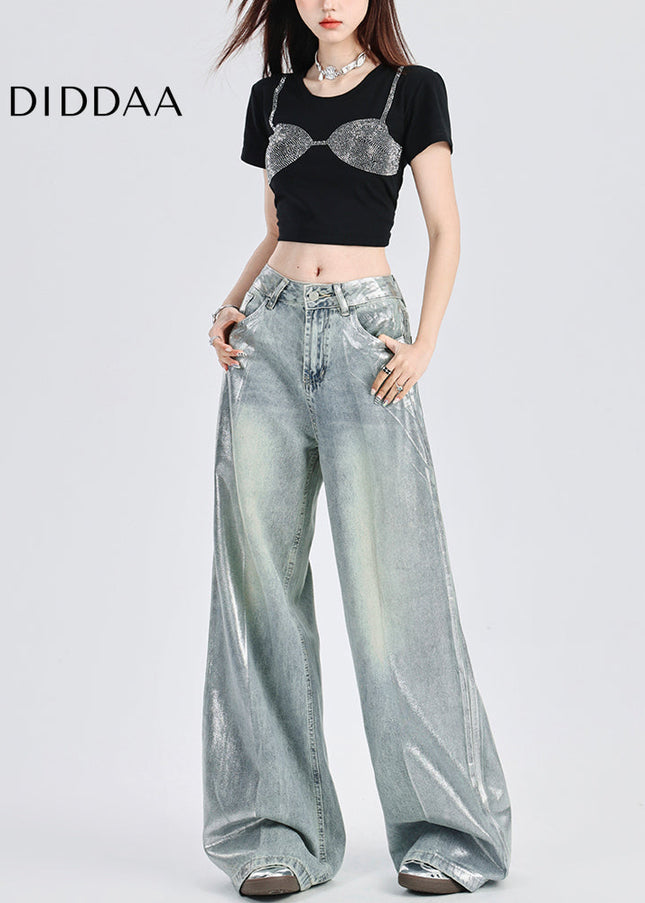 Silver Distressed Wide-Leg Jeans Women’s High-Waisted Pants - Women’s Jeans