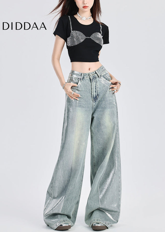 Silver Distressed Wide-Leg Jeans Women’s High-Waisted Pants - Women’s Jeans