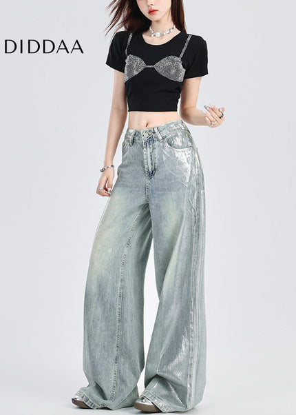Silver Distressed Wide-Leg Jeans Women’s High-Waisted Pants - Women’s Jeans
