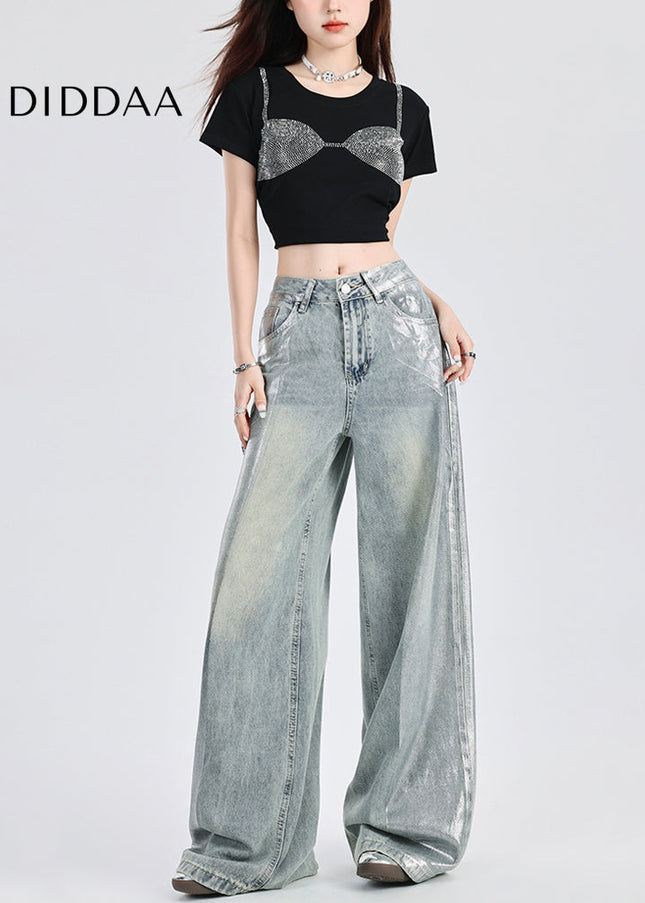Silver Distressed Wide-Leg Jeans Women’s High-Waisted Pants - Women’s Jeans