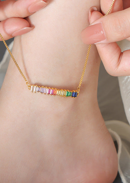 Fashionable, simple, geometric design, inlaid with multi-color zircon, snake bone chain, titanium steel, gold-plated pull-off buckle, anklet ornament, female