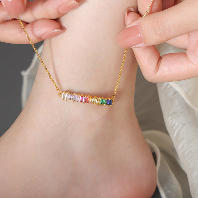 Fashionable, simple, geometric design, inlaid with multi-color zircon, snake bone chain, titanium steel, gold-plated pull-off buckle, anklet ornament, female