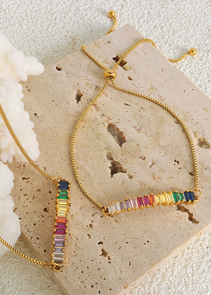 Fashionable, simple, geometric design, inlaid with multi-color zircon, snake bone chain, titanium steel, gold-plated pull-off buckle, anklet ornament, female