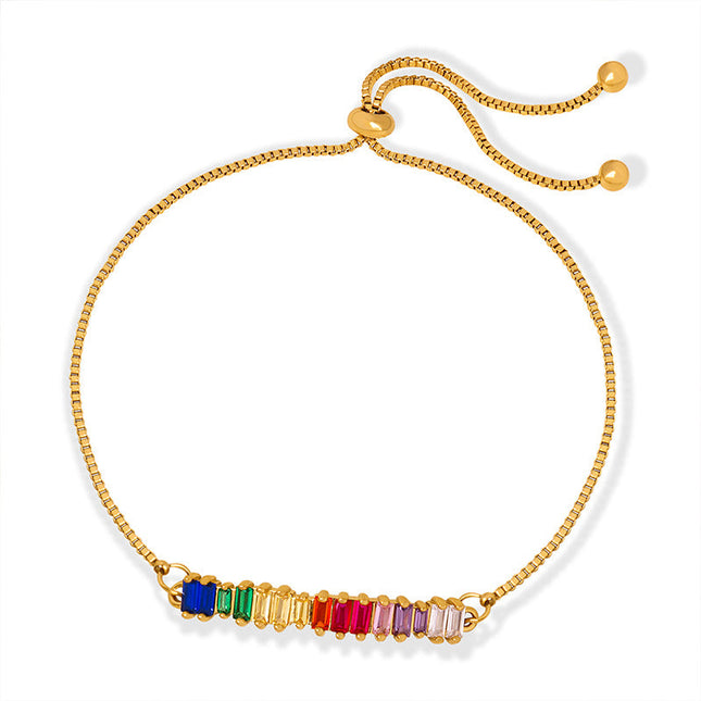 Fashionable, simple, geometric design, inlaid with multi-color zircon, snake bone chain, titanium steel, gold-plated pull-off buckle, anklet ornament, female