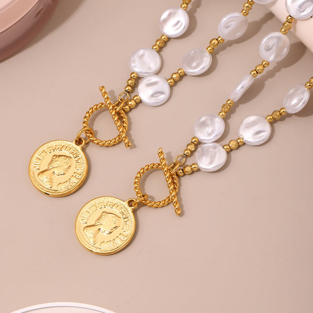 Mystery Stainless Steel OT Buckle Elizabeth Portrait Facet Batch Flower Steel Beads Handmade Chain Long Necklace Does Not Fade Female