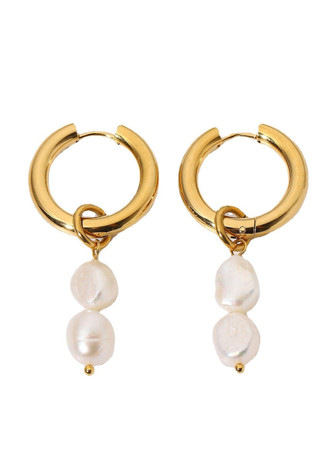European and American INS net red earrings 18K gold-plated double freshwater pearl pendant double-layer gold-plated stainless steel earrings