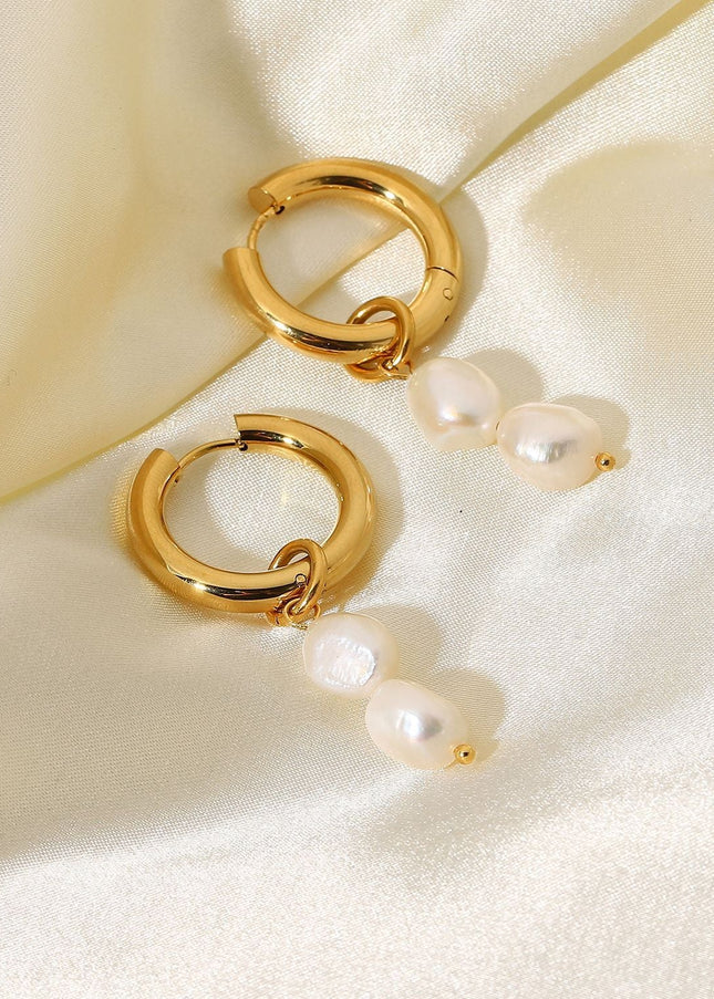 European and American INS net red earrings 18K gold-plated double freshwater pearl pendant double-layer gold-plated stainless steel earrings