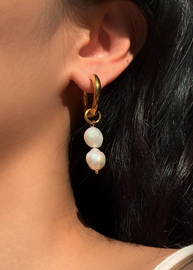 European and American INS net red earrings 18K gold-plated double freshwater pearl pendant double-layer gold-plated stainless steel earrings