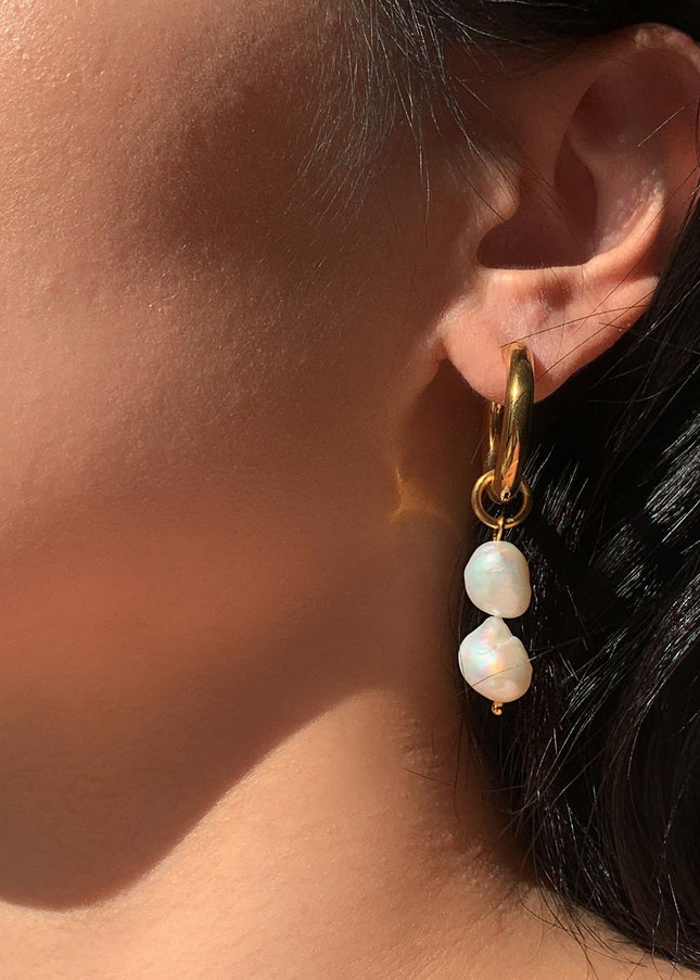 European and American INS net red earrings 18K gold-plated double freshwater pearl pendant double-layer gold-plated stainless steel earrings