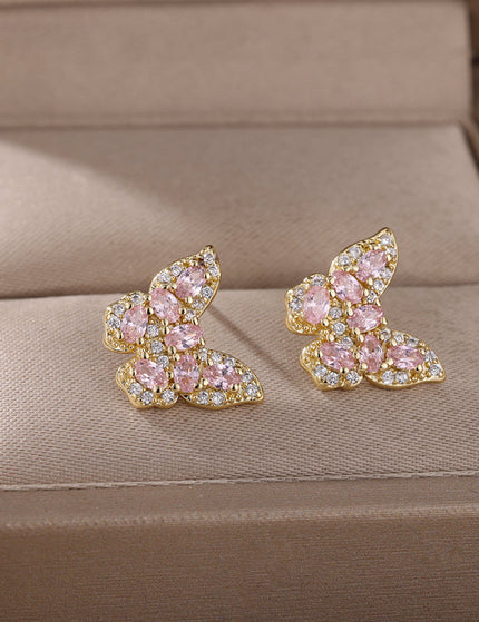 SOUVOIR Pink 14K Gold Plated, Zirconia Earrings Soho Earrings | Gold Zirconia Butterfly Stud Earrings