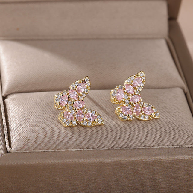 SOUVOIR Pink 14K Gold Plated, Zirconia Earrings Soho Earrings | Gold Zirconia Butterfly Stud Earrings