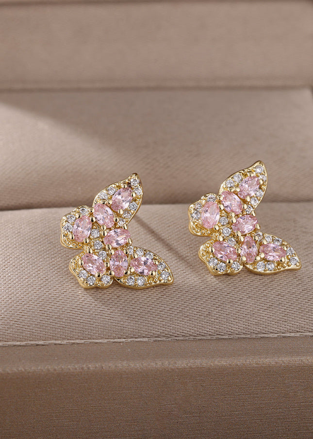 SOUVOIR Pink 14K Gold Plated, Zirconia Earrings Soho Earrings | Gold Zirconia Butterfly Stud Earrings