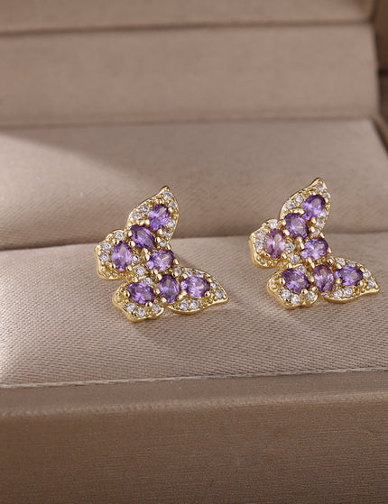SOUVOIR Purple 14K Gold Plated, Zirconia Earrings Soho Earrings | Gold Zirconia Butterfly Stud Earrings