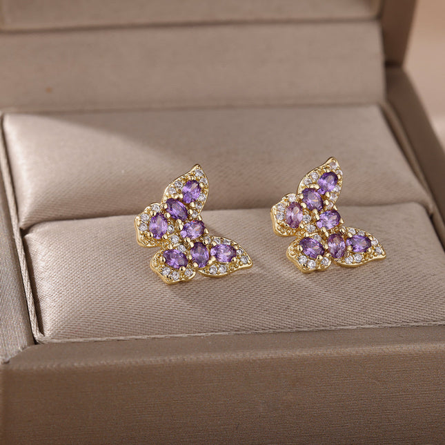 SOUVOIR Purple 14K Gold Plated, Zirconia Earrings Soho Earrings | Gold Zirconia Butterfly Stud Earrings