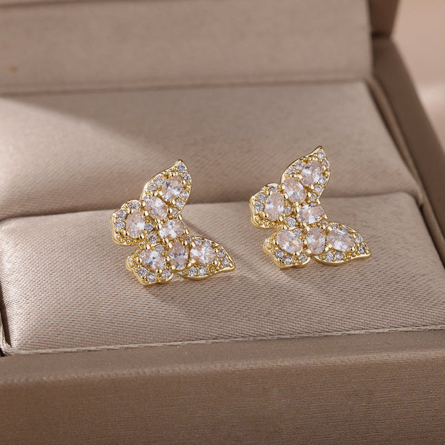 SOUVOIR White 14K Gold Plated, Zirconia Earrings Soho Earrings | Gold Zirconia Butterfly Stud Earrings