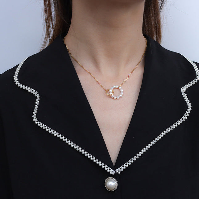 Mystery beauty Japan and South Korea retro exquisite ring imitation pearl necklace chocker neck chain clavicle chain titanium steel jewelry spot