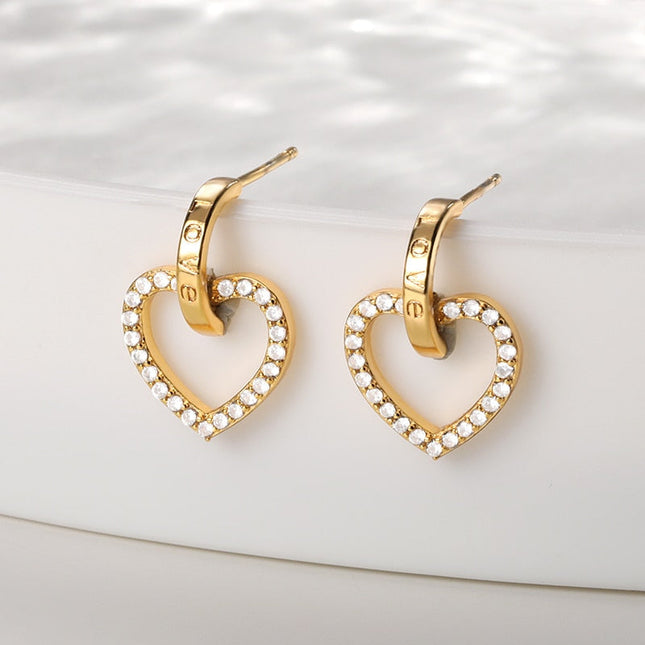 Sonder Earrings | Gold Hollow Heart Zirconia Drop Earrings - Gold - Earrings