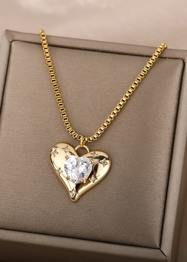 Sont Pendant Necklace | Gold Zirconia Love Heart Chain - Gold - Necklaces