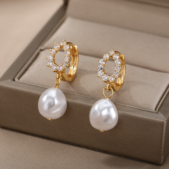 Soumettre Earrings | Gold Zirconia Pearl Hoop Drop Earrings - Gold / A - Earrings