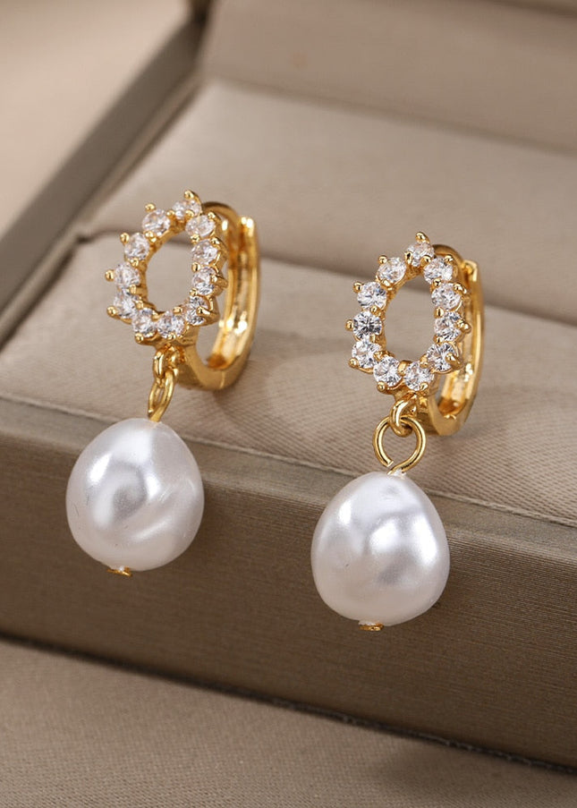 Soumettre Earrings | Gold Zirconia Pearl Hoop Drop Earrings - Gold / A - Earrings