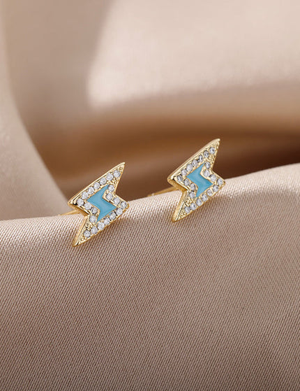 SOUVOIR Blue 14K Gold Plated, Zirconia Earrings Spark Earrings | Gold White Zirconia Lightning Bolt Stud Earrings