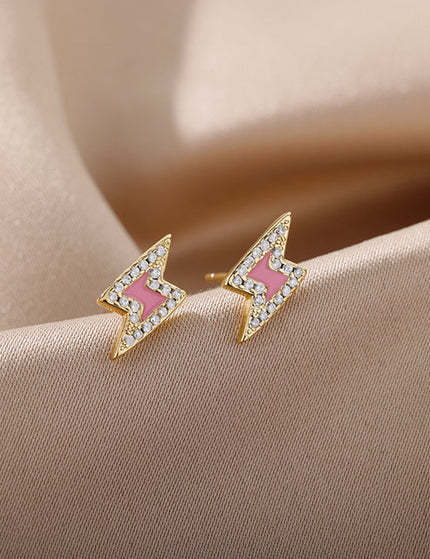 SOUVOIR Pink 14K Gold Plated, Zirconia Earrings Spark Earrings | Gold White Zirconia Lightning Bolt Stud Earrings