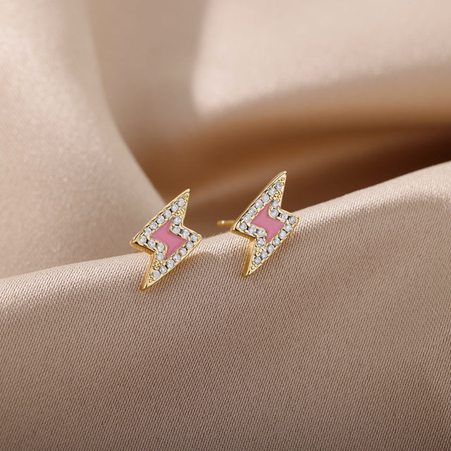 SOUVOIR Pink 14K Gold Plated, Zirconia Earrings Spark Earrings | Gold White Zirconia Lightning Bolt Stud Earrings