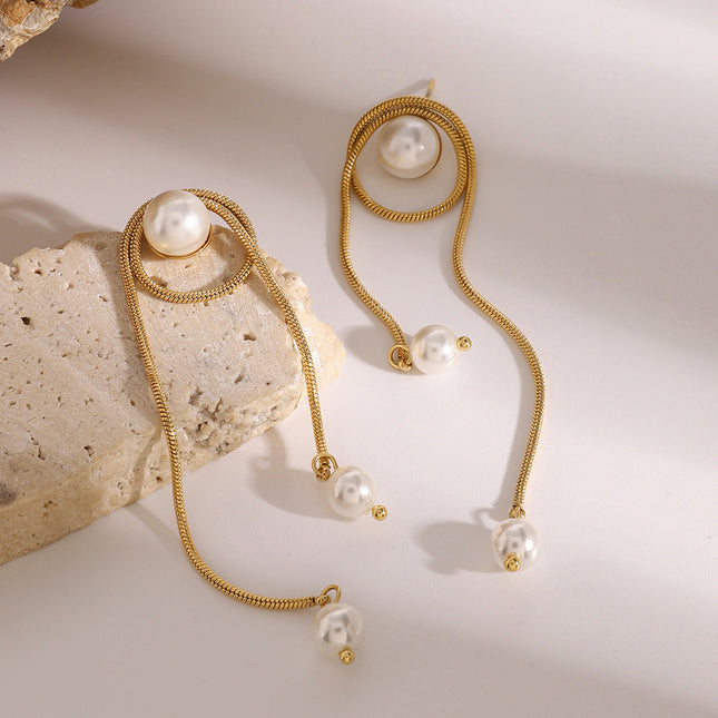 Jieding European and American stainless steel pearl tassel pendant earrings high-quality ins stud earrings 18k titanium steel earrings cross-border