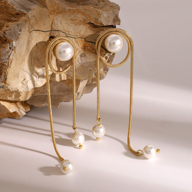 Jieding European and American stainless steel pearl tassel pendant earrings high-quality ins stud earrings 18k titanium steel earrings cross-border