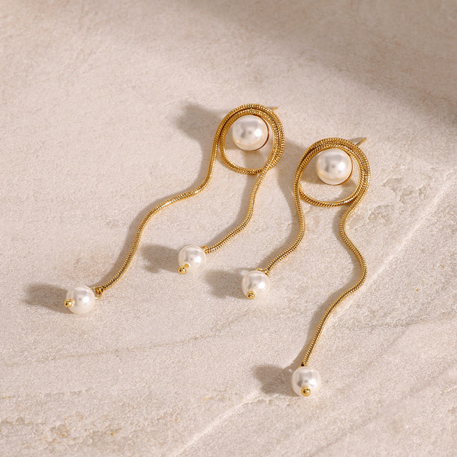 Jieding European and American stainless steel pearl tassel pendant earrings high-quality ins stud earrings 18k titanium steel earrings cross-border