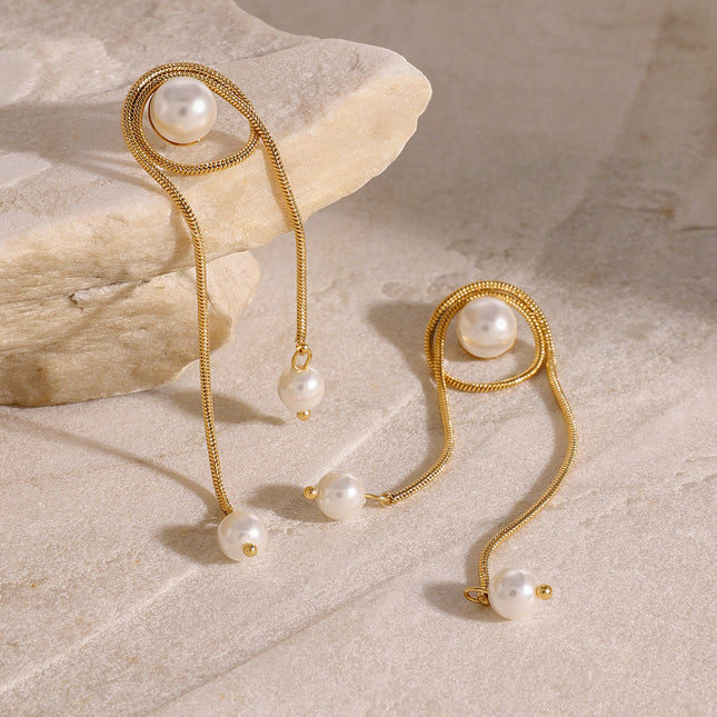 Jieding European and American stainless steel pearl tassel pendant earrings high-quality ins stud earrings 18k titanium steel earrings cross-border