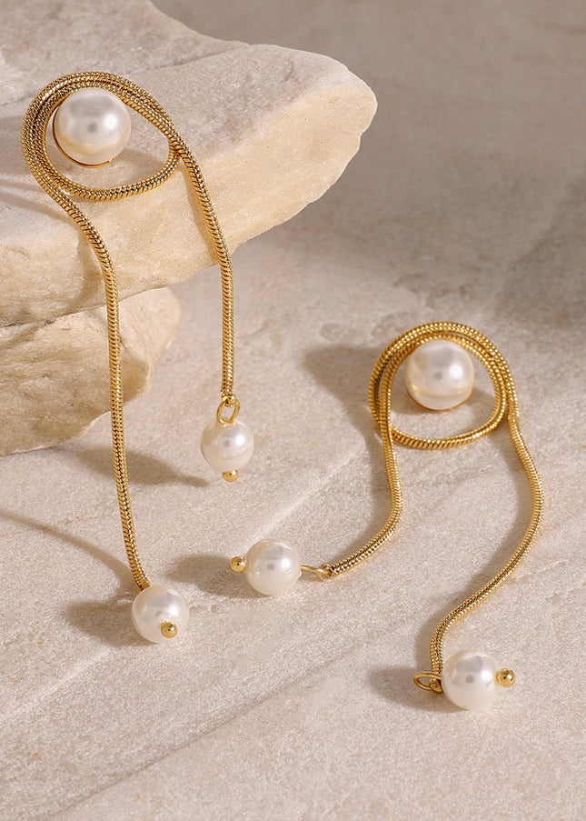 Jieding European and American stainless steel pearl tassel pendant earrings high-quality ins stud earrings 18k titanium steel earrings cross-border