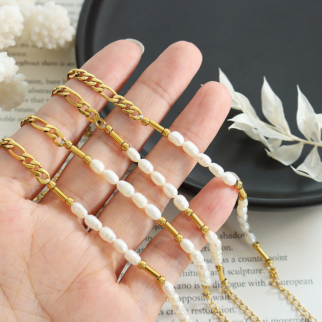 European and American new beach resort style strip beaded chain bracelet, freshwater pearl personality, versatile girlfriend hand jewelry