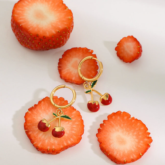 Jieding European and American stainless steel dripping cherry earrings, light luxury, high-end earrings, titanium steel jewelry, cross-border women