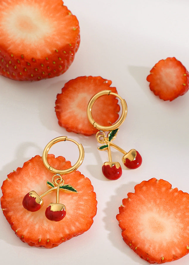 Jieding European and American stainless steel dripping cherry earrings, light luxury, high-end earrings, titanium steel jewelry, cross-border women