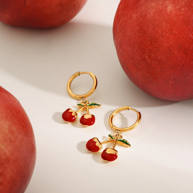 Jieding European and American stainless steel dripping cherry earrings, light luxury, high-end earrings, titanium steel jewelry, cross-border women