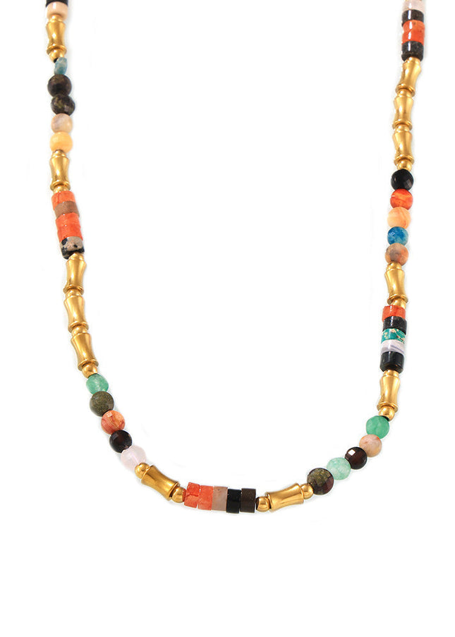 Bohemian dopamine colored natural stone beaded necklace cross-border simple and versatile stainless steel clavicle necklace